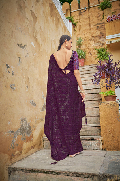 Purple Color Chinnon Sequence Work Saree