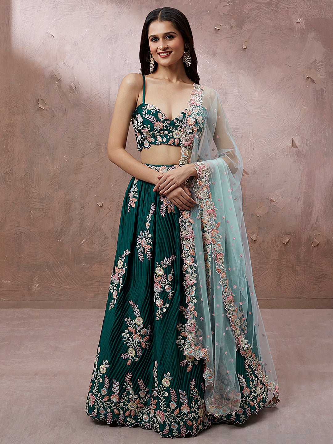 Teal Blue Georgette Sequins Work Semi-Stitched Bridesmaid Lehenga