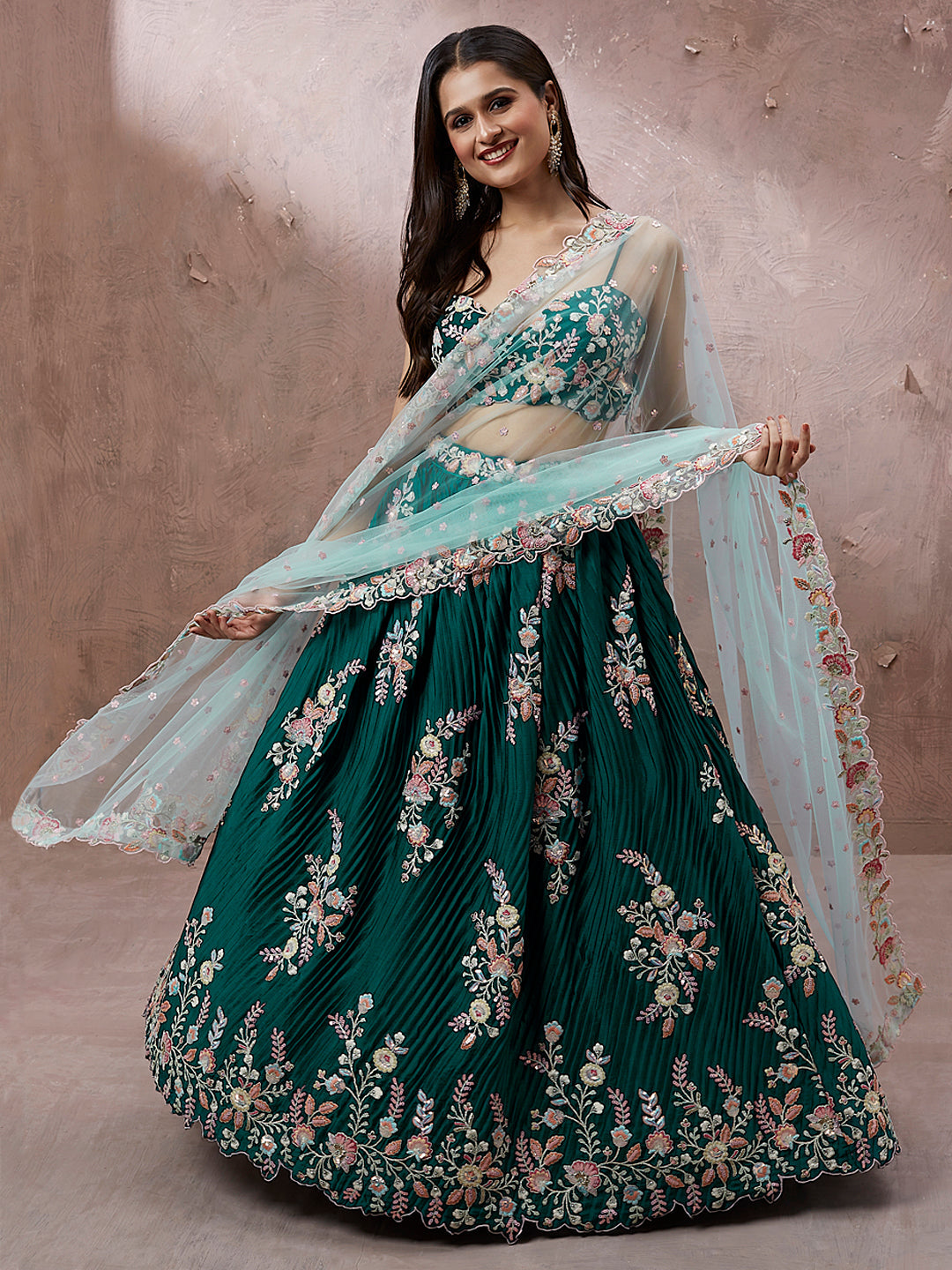 Teal Blue Georgette Sequins Work Semi-Stitched Bridesmaid Lehenga