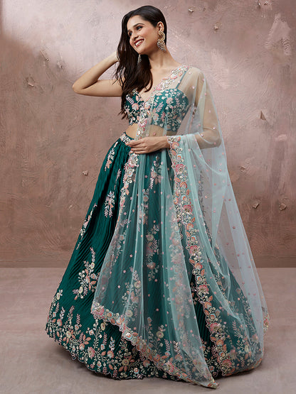 Teal Blue Georgette Sequins Work Semi-Stitched Bridesmaid Lehenga