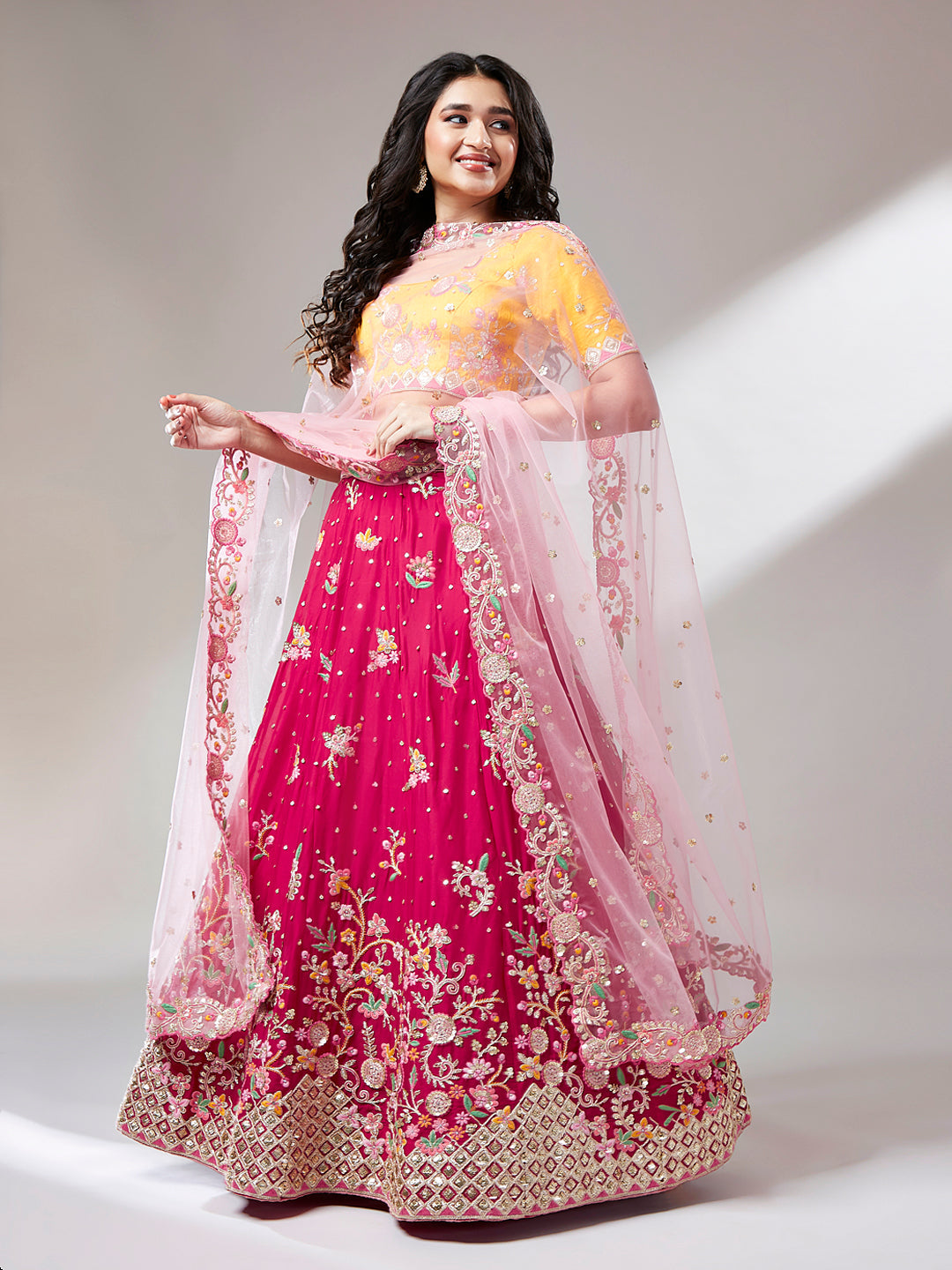 Pink and Yellow Georgette Sequins Work Semi-Stitched Lehenga