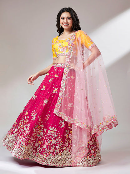 Pink and Yellow Georgette Sequins Work Semi-Stitched Lehenga