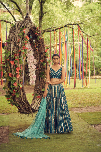 Teal Pure Georgette Sequinse Work Lehenga