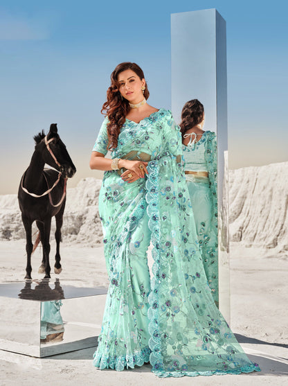 Sea Green Motif Flower Work Digital Net Sangeet Saree