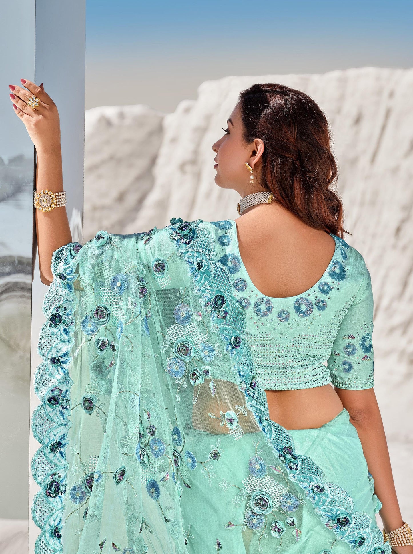 Sea Green Motif Flower Work Digital Net Sangeet Saree