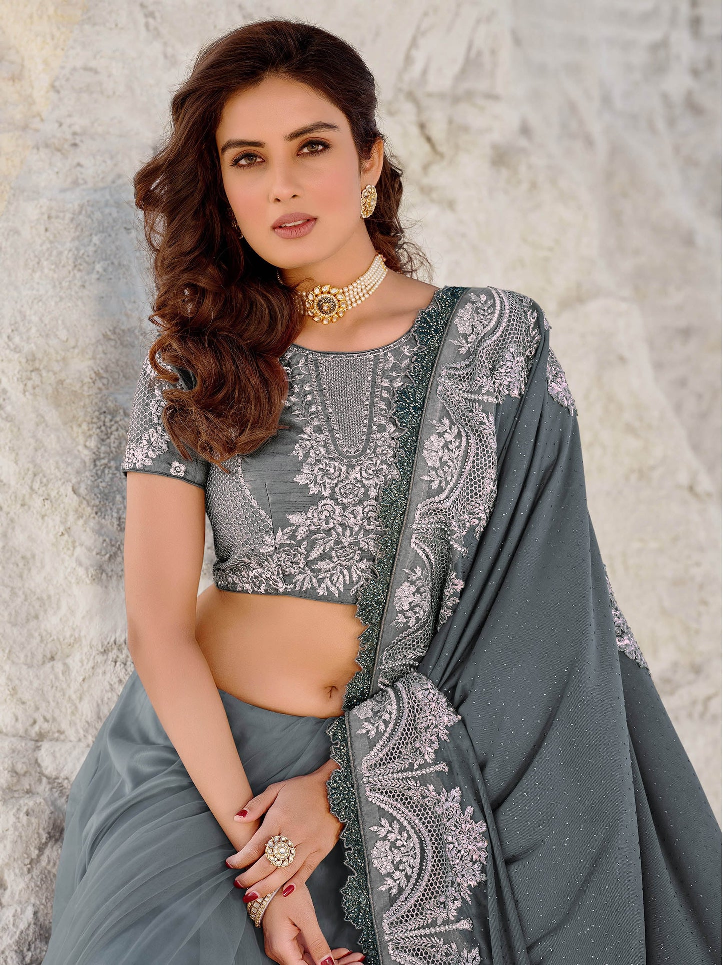 Grey Color Digital Net Heavy Flower Embroidery Sangeet Saree