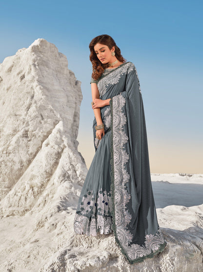 Grey Color Digital Net Heavy Flower Embroidery Sangeet Saree