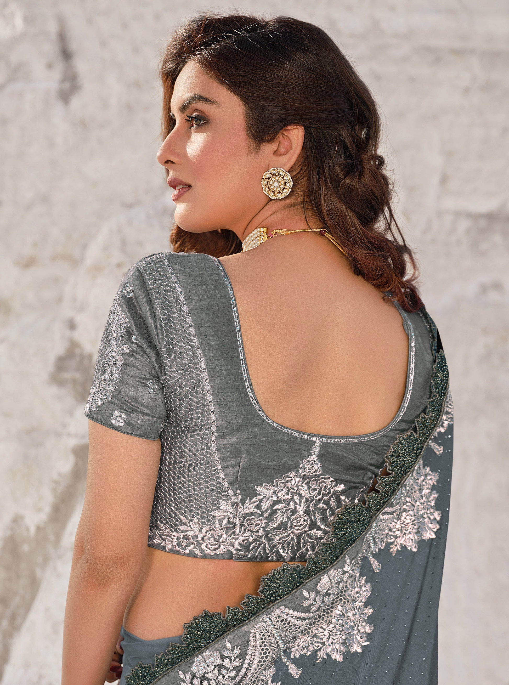 Grey Color Digital Net Heavy Flower Embroidery Sangeet Saree