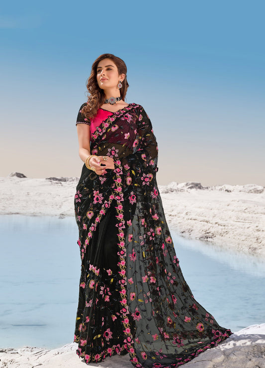 Black Flower and Cutdana Work Pure Satin Cocktail Saree