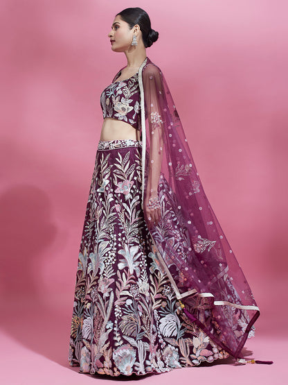 Wine Net Sequins Work Semi-Stitched Bridesmaid Lehenga