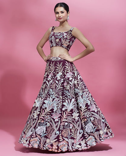 Wine Net Sequins Work Semi-Stitched Bridesmaid Lehenga