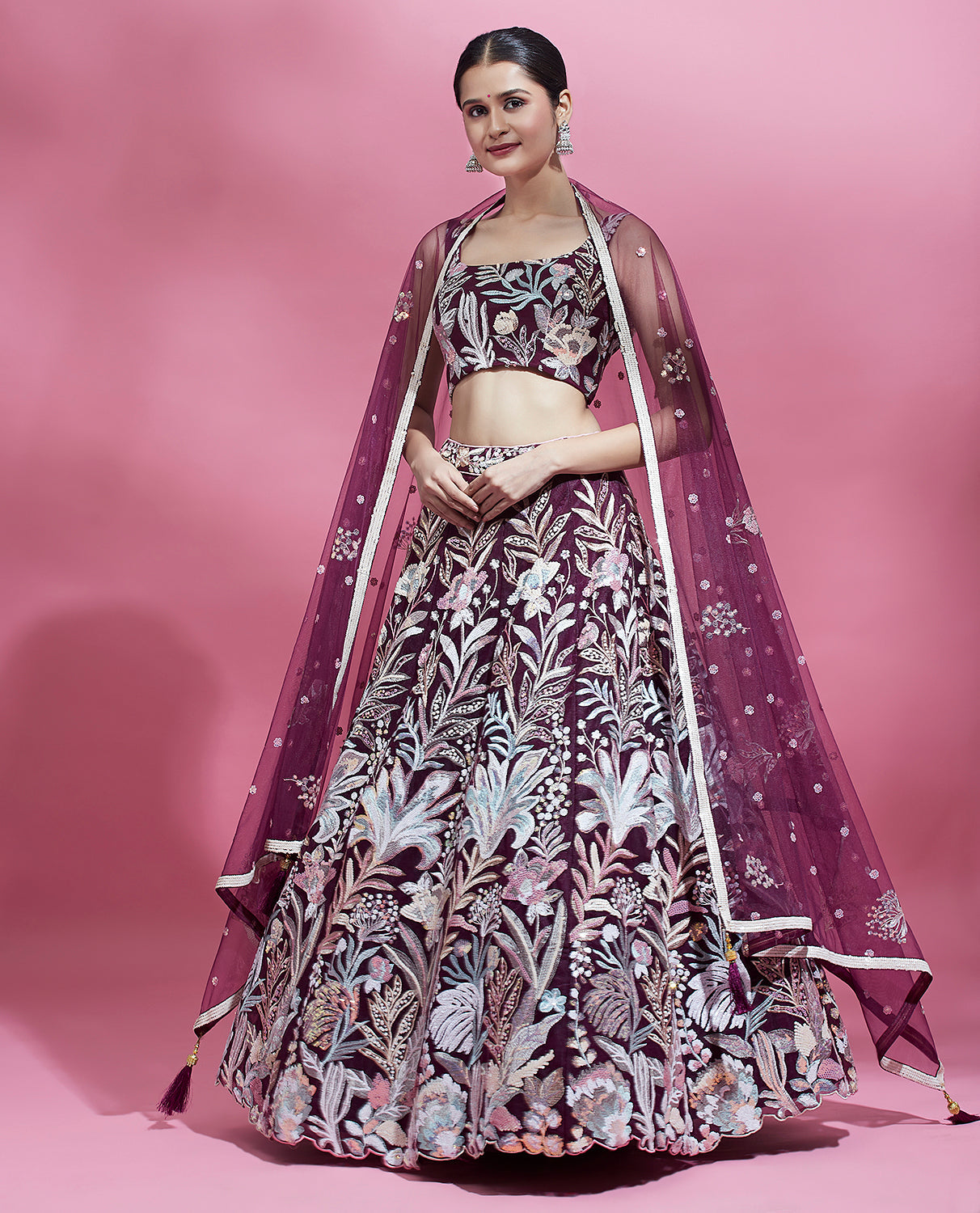 Wine Net Sequins Work Semi-Stitched Bridesmaid Lehenga