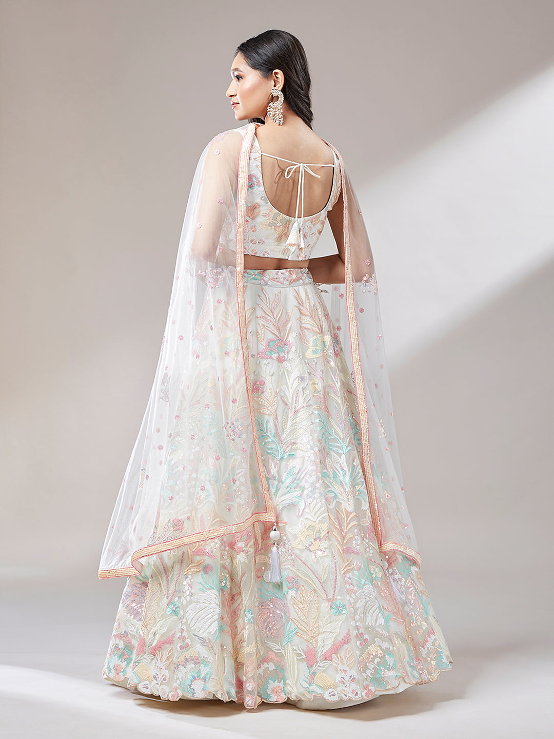 Cream Net Sequins Work Semi-Stitched Sangeet Lehenga