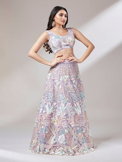 Mauve Net Sequins Work Semi-Stitched Sangeet Lehenga