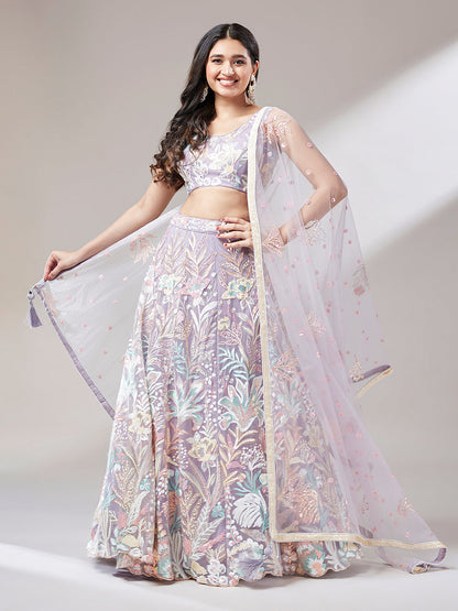 Mauve Net Sequins Work Semi-Stitched Sangeet Lehenga