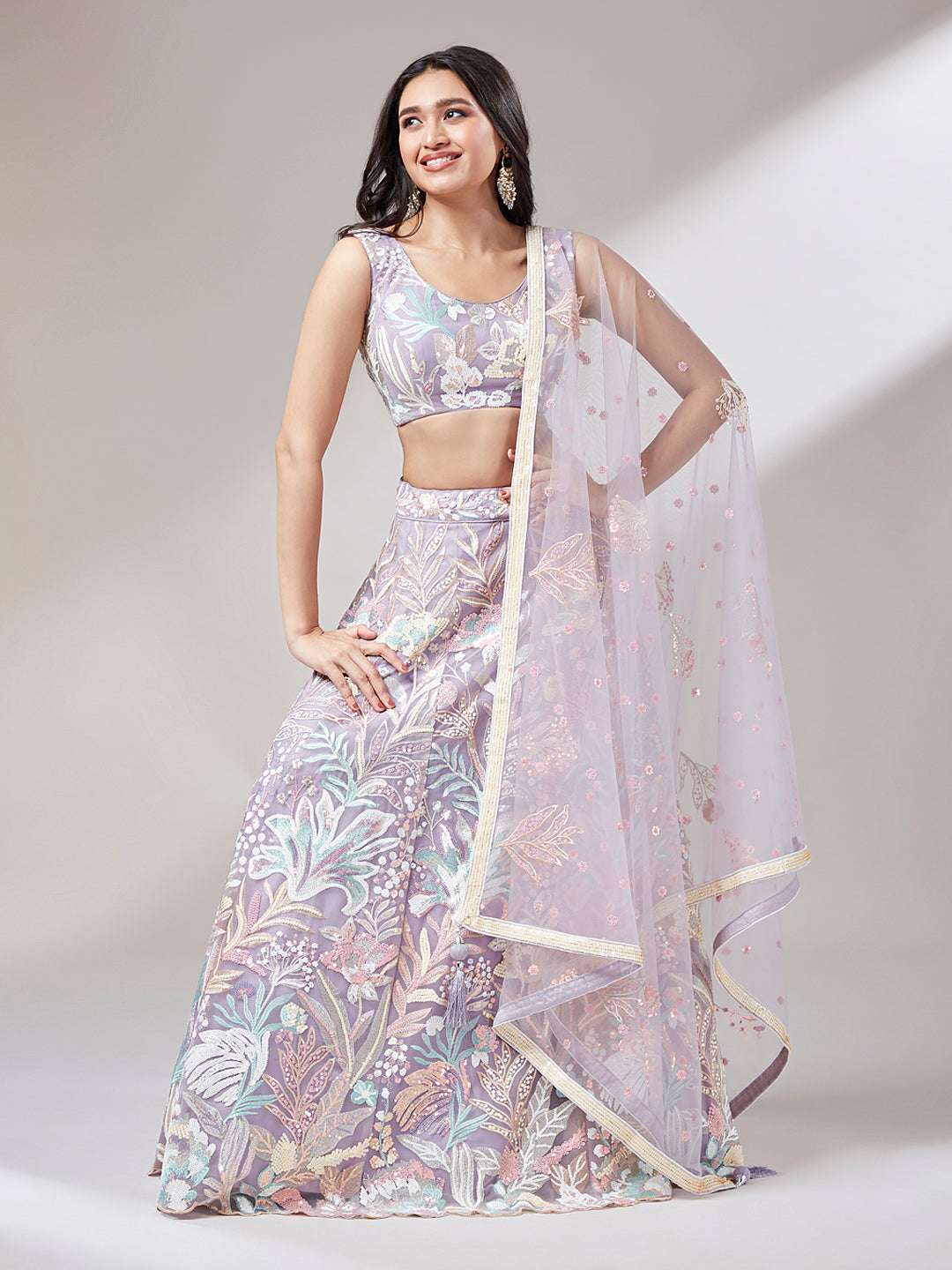 Mauve Net Sequins Work Semi-Stitched Sangeet Lehenga