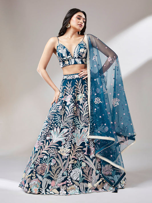 Navy Blue Net Sequins Work Semi-Stitched Bridesmaid Lehenga