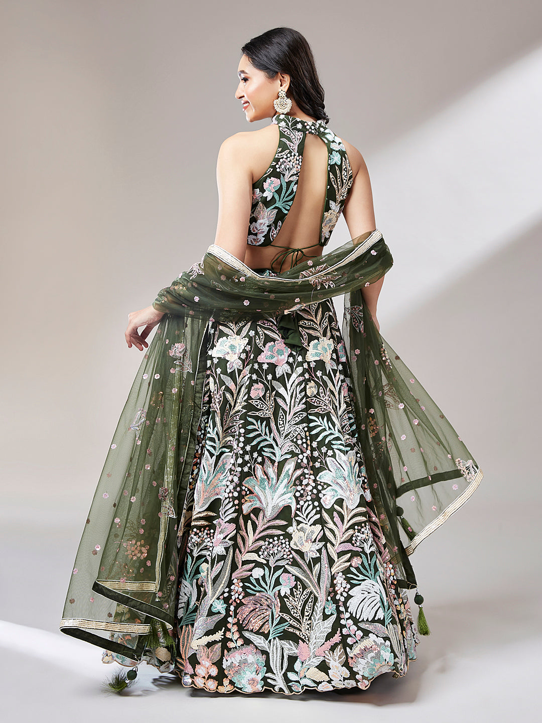 Olive Green Net Sequins Work Semi-Stitched Lehenga