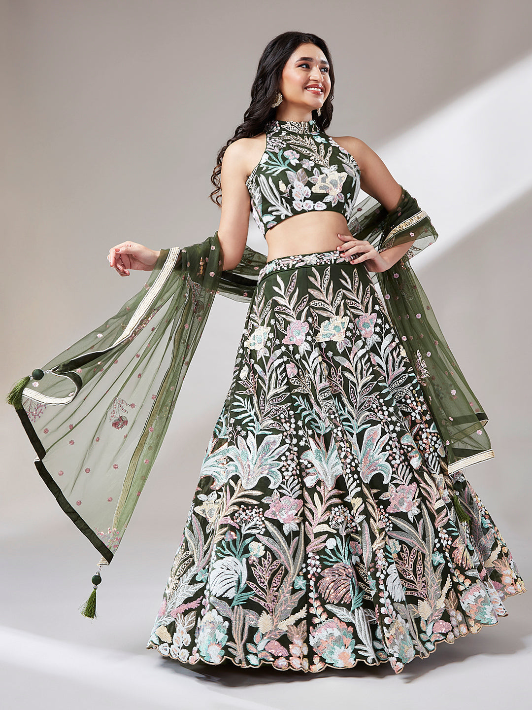 Olive Green Net Sequins Work Semi-Stitched Lehenga