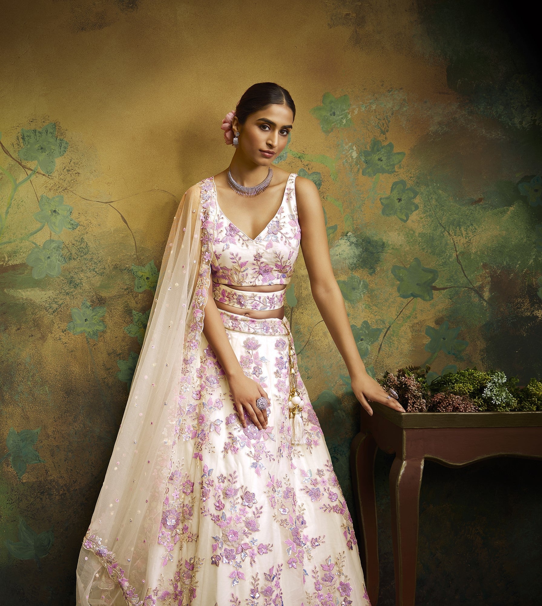 Cream Net Sequins Zarkan embroidery Semi-Stitched Lehenga