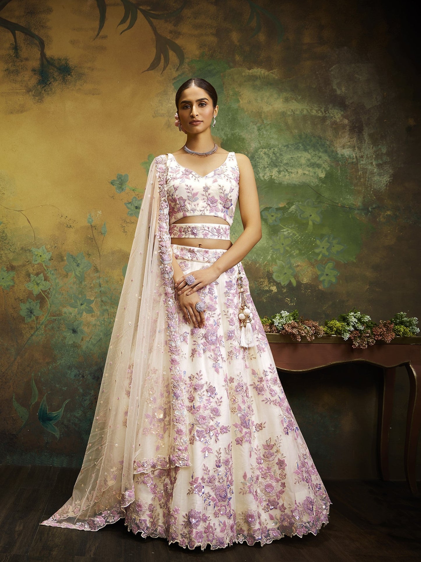 Cream Net Sequins Zarkan embroidery Semi-Stitched Lehenga