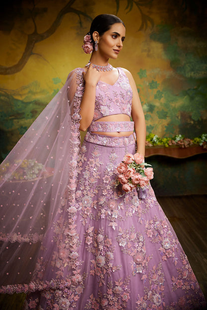 Mauve Net Sequins Zarkan embroidery Semi-Stitched Lehenga