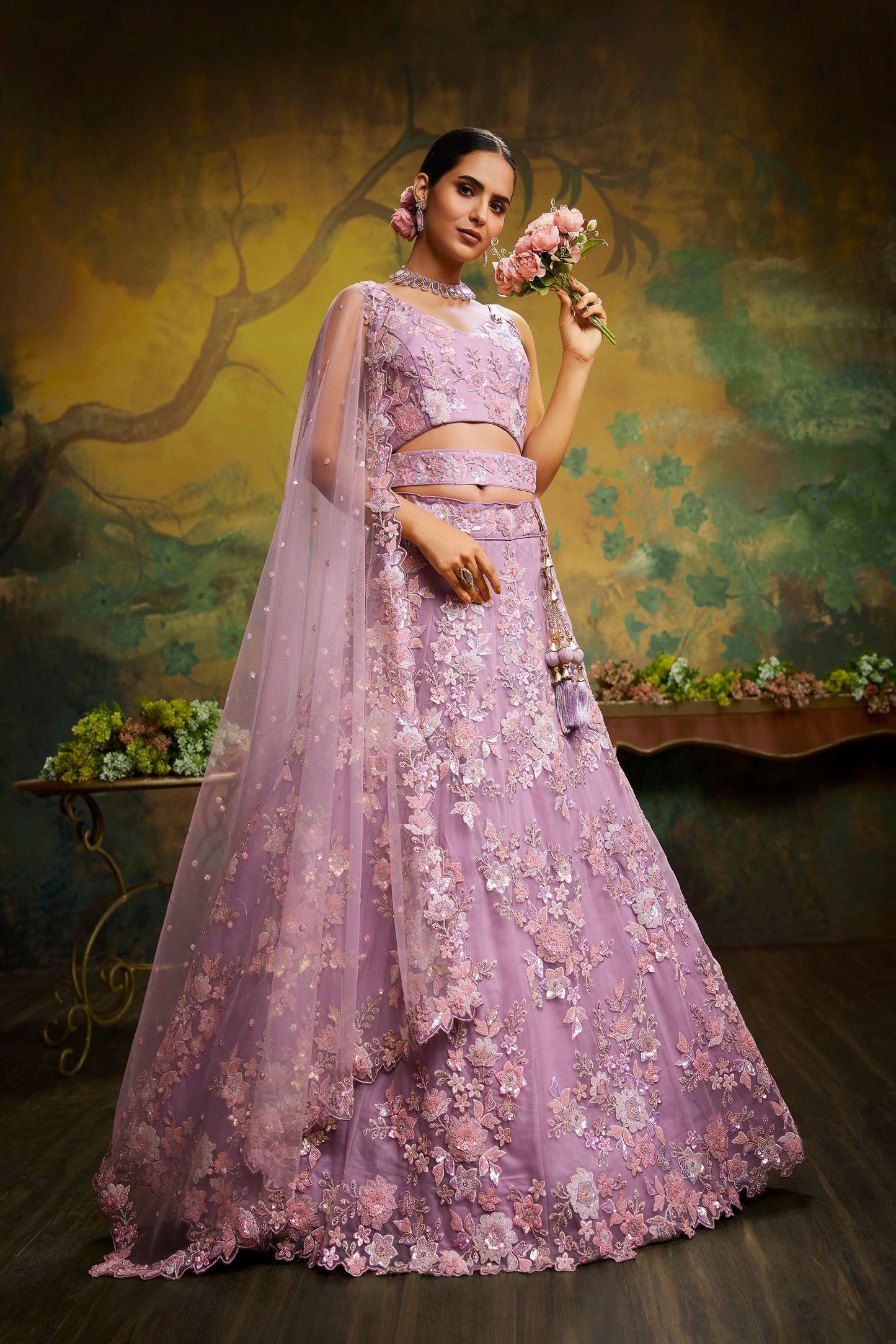 Mauve Net Sequins Zarkan embroidery Semi-Stitched Lehenga