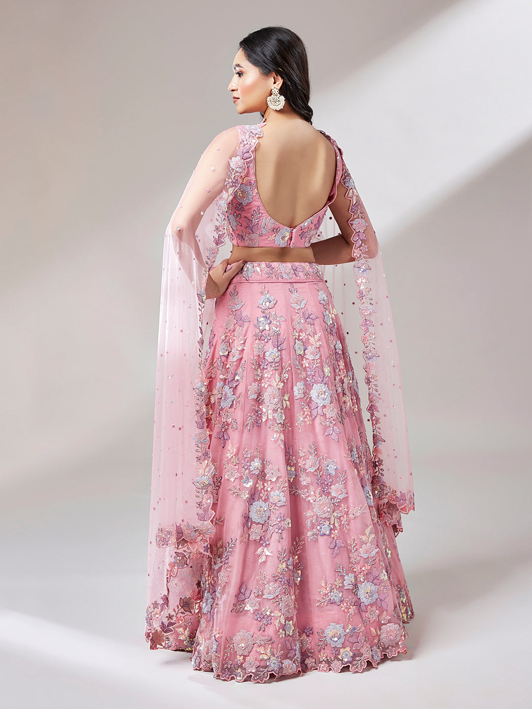 Pink Net Sequins Zarkan embroidery Semi-Stitched Lehenga