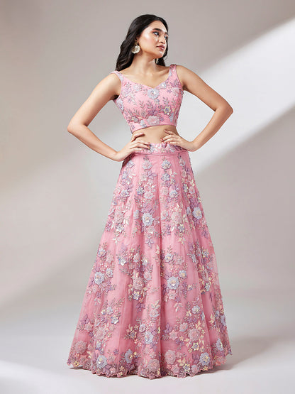 Pink Net Sequins Zarkan embroidery Semi-Stitched Lehenga