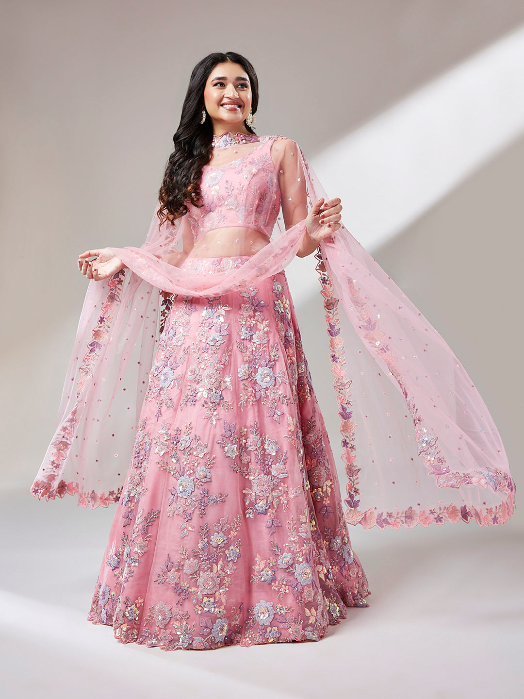 Pink Net Sequins Zarkan embroidery Semi-Stitched Lehenga