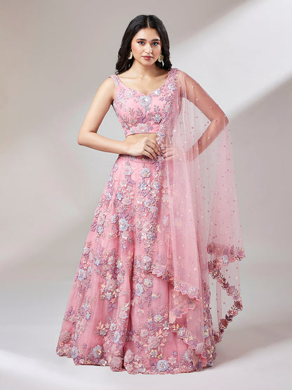 Pink Net Sequins Zarkan embroidery Semi-Stitched Lehenga