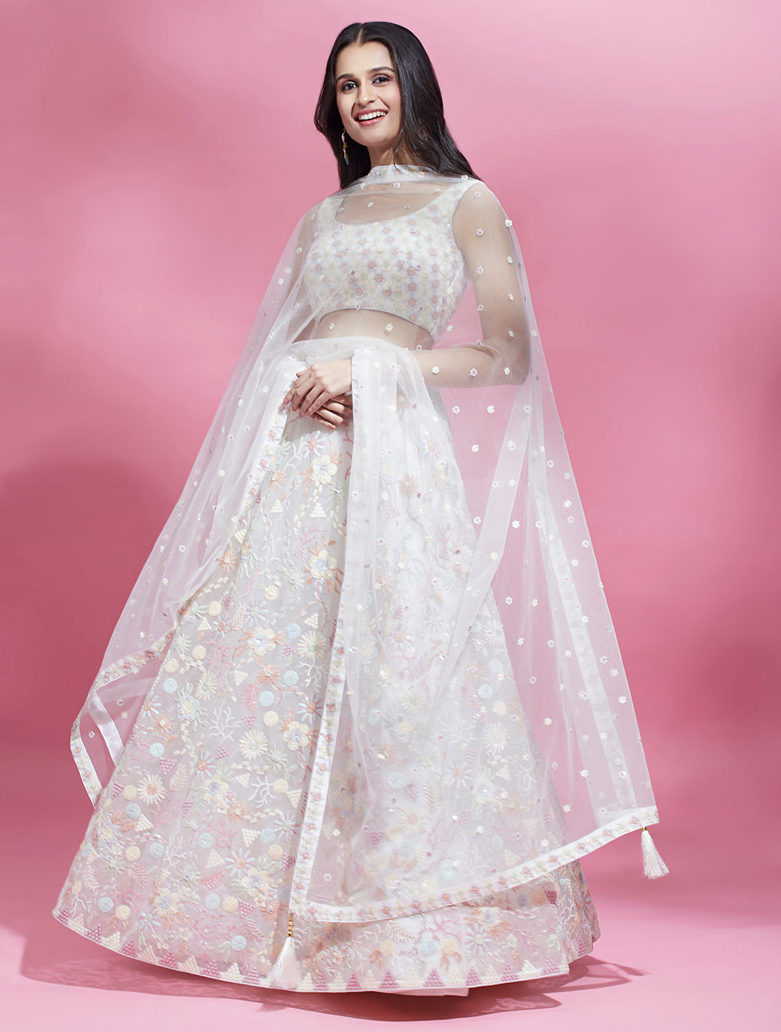 Cream Net Sequins embroidery Semi-Stitched Lehenga