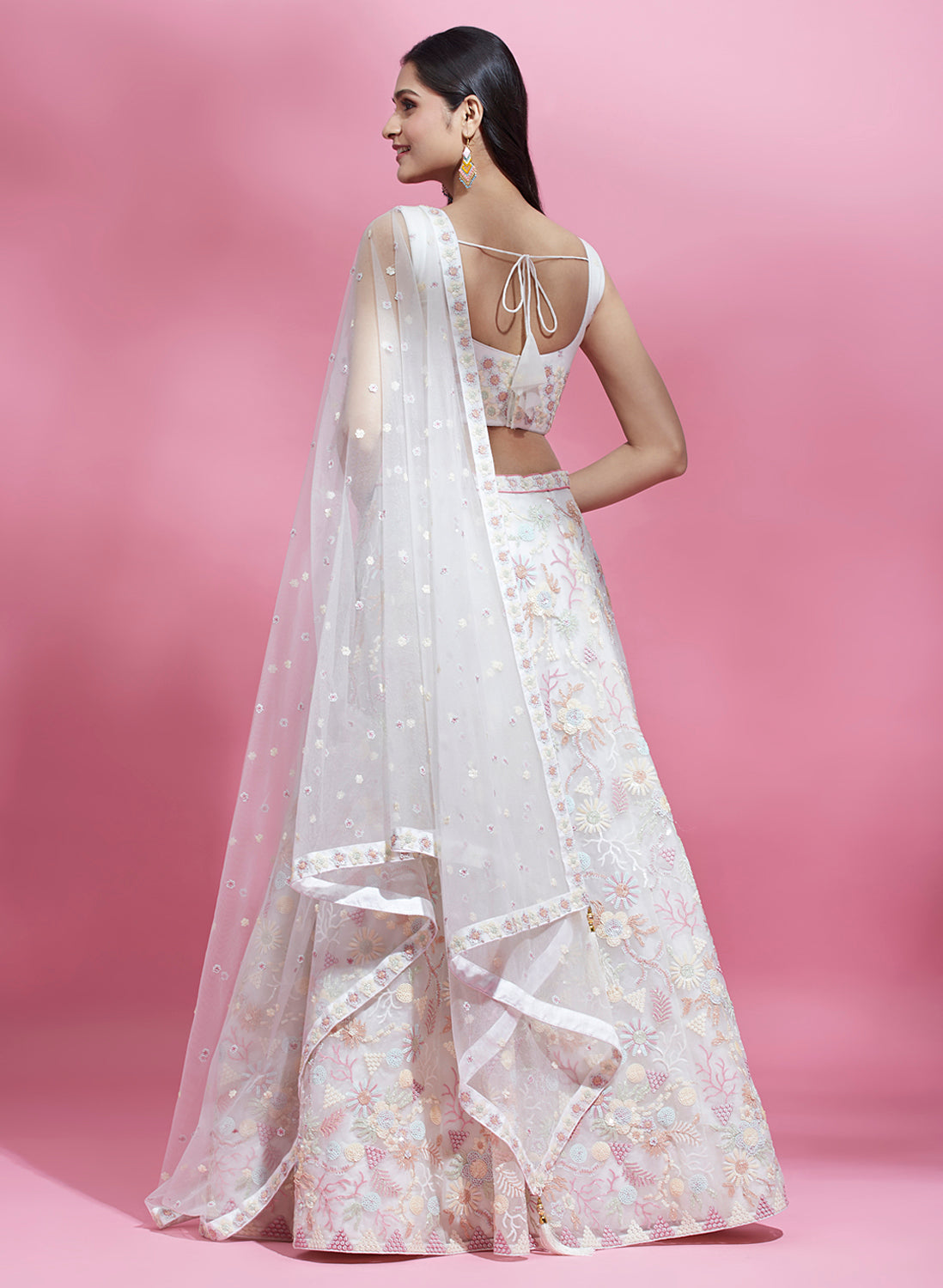 Cream Net Sequins embroidery Semi-Stitched Lehenga