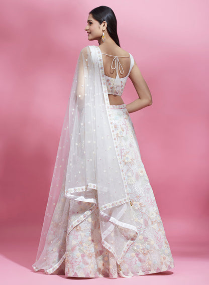 Cream Net Sequins embroidery Semi-Stitched Lehenga