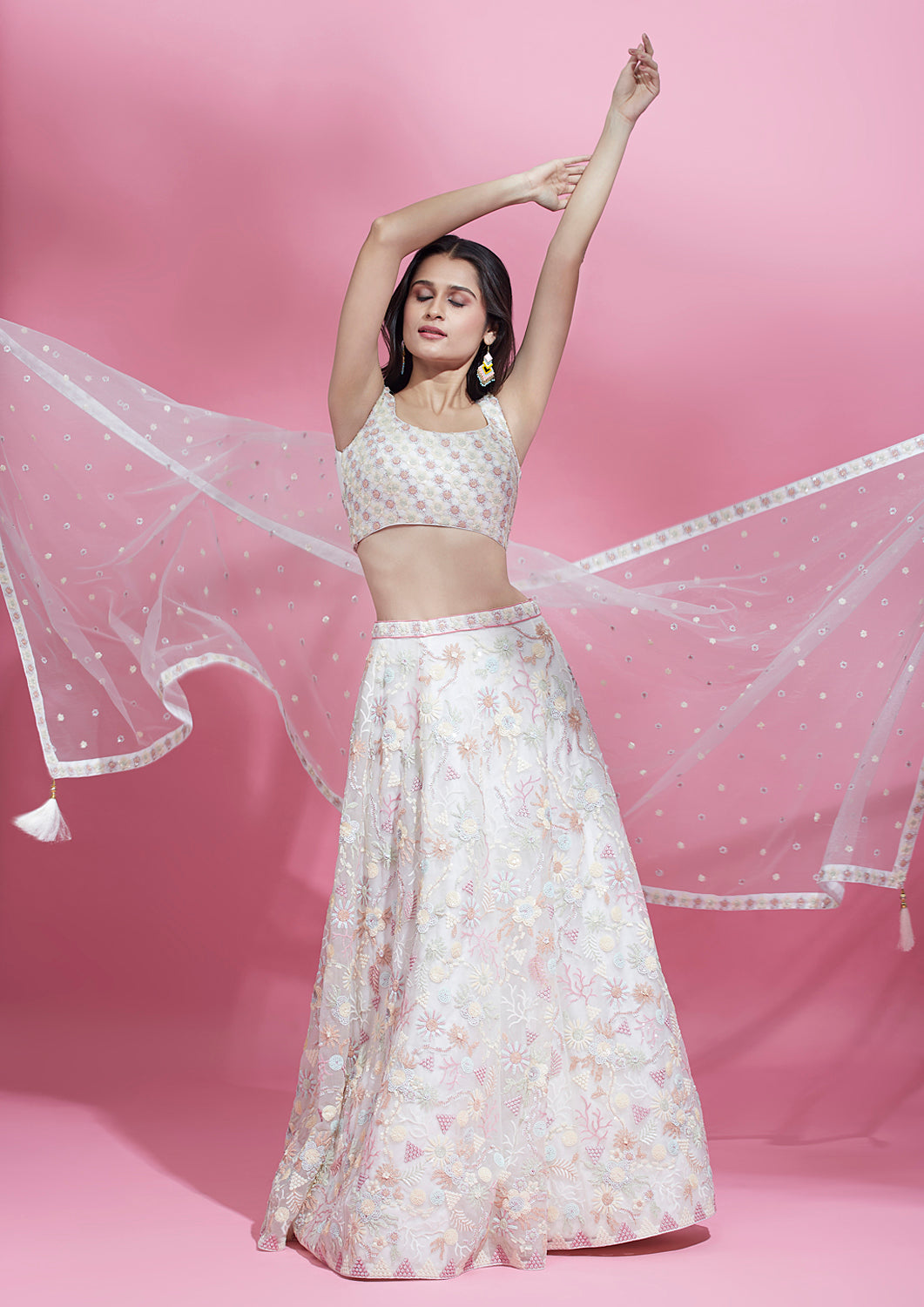 Cream Net Sequins embroidery Semi-Stitched Lehenga