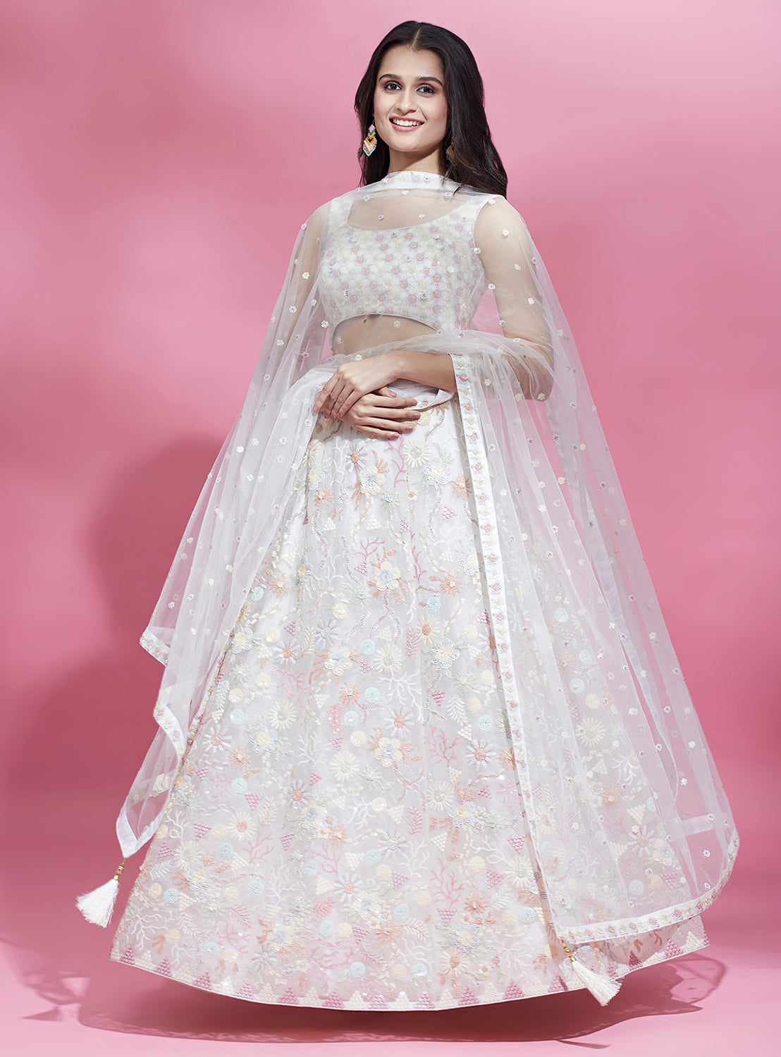 Cream Net Sequins embroidery Semi-Stitched Lehenga