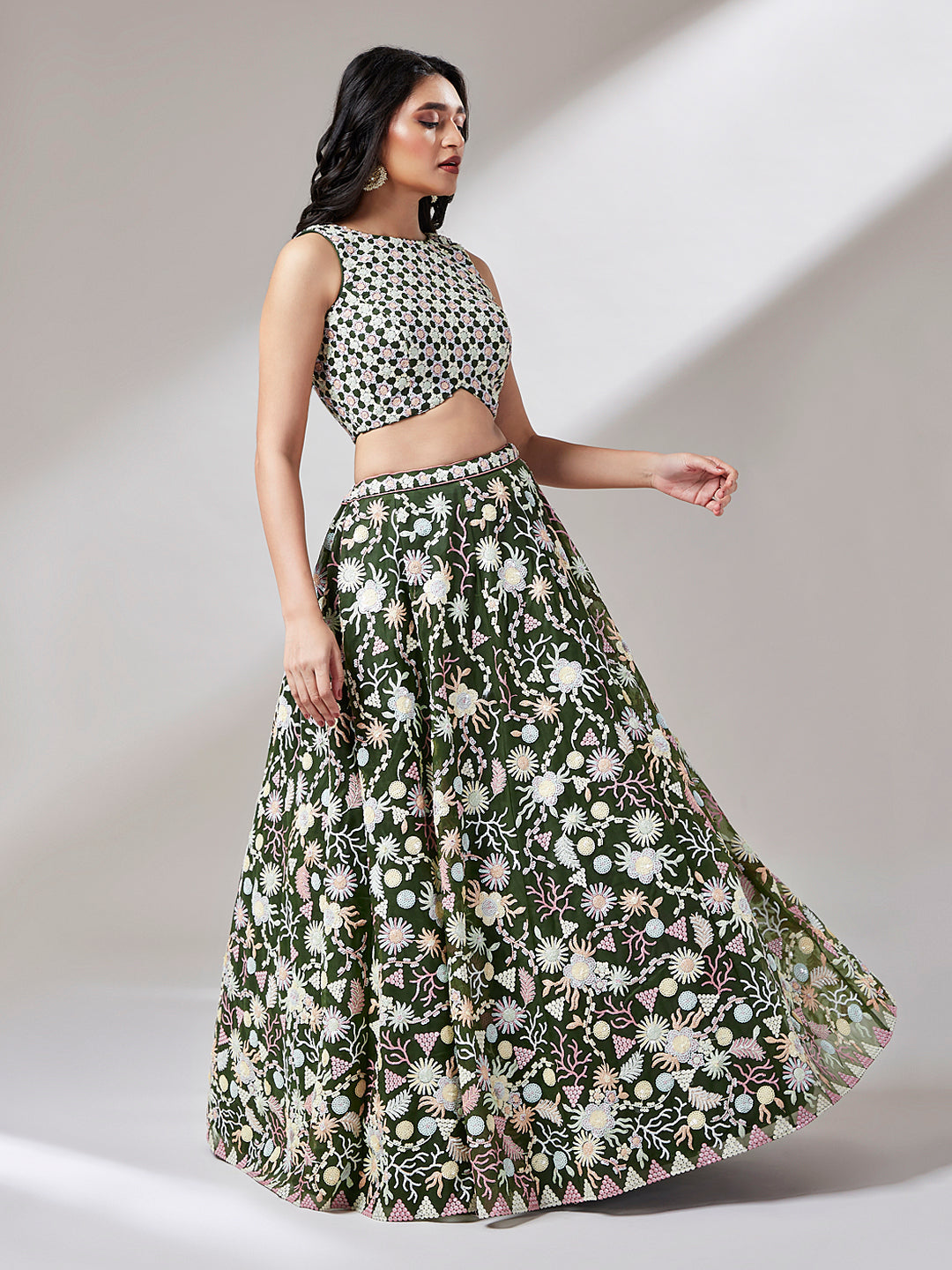 Olive Green Net Sequins embroidery Semi-Stitched Lehenga