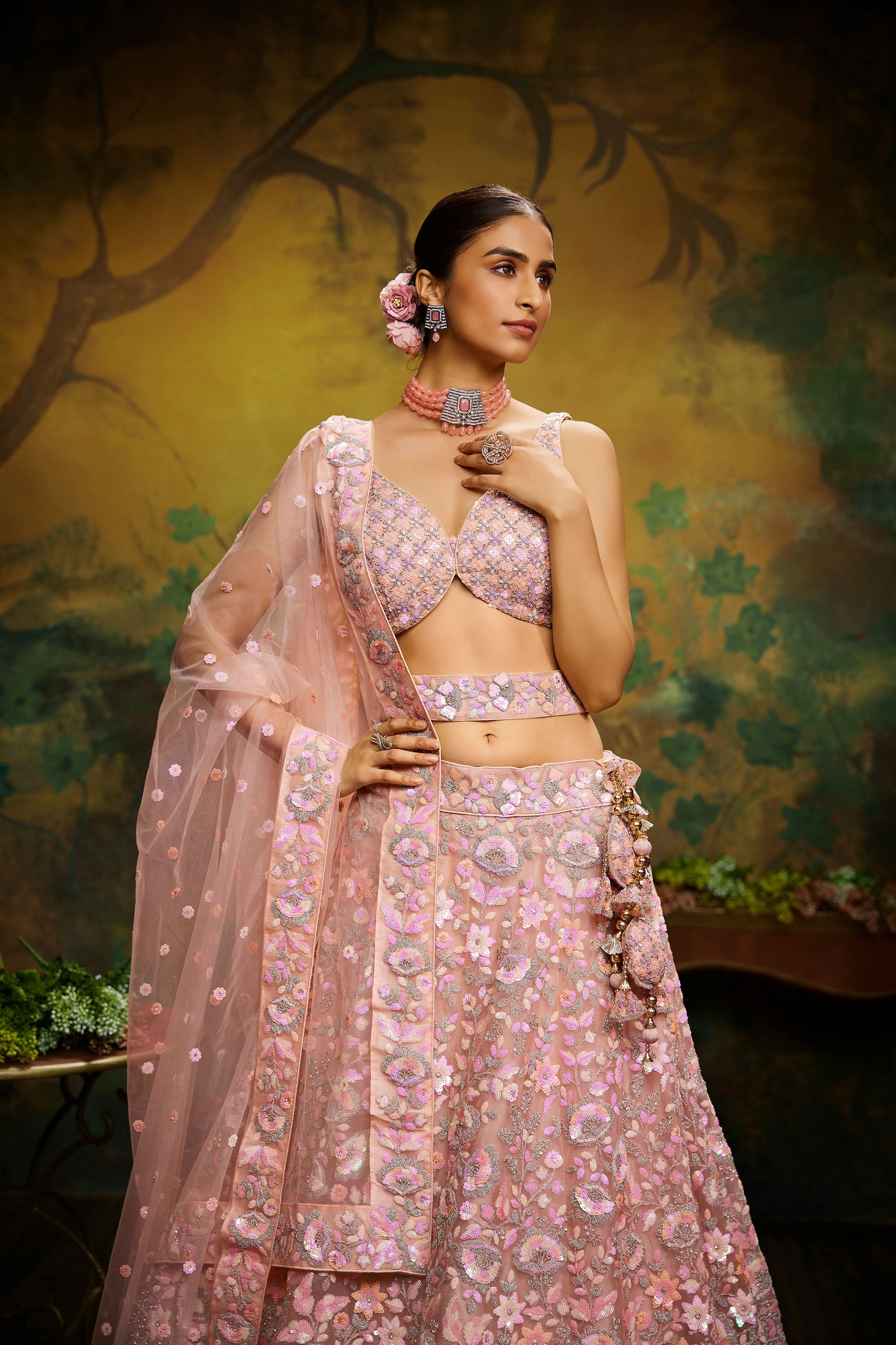 Peach Net Multi Sequins & Zarkan embroidery Semi-Stitched Lehenga choli