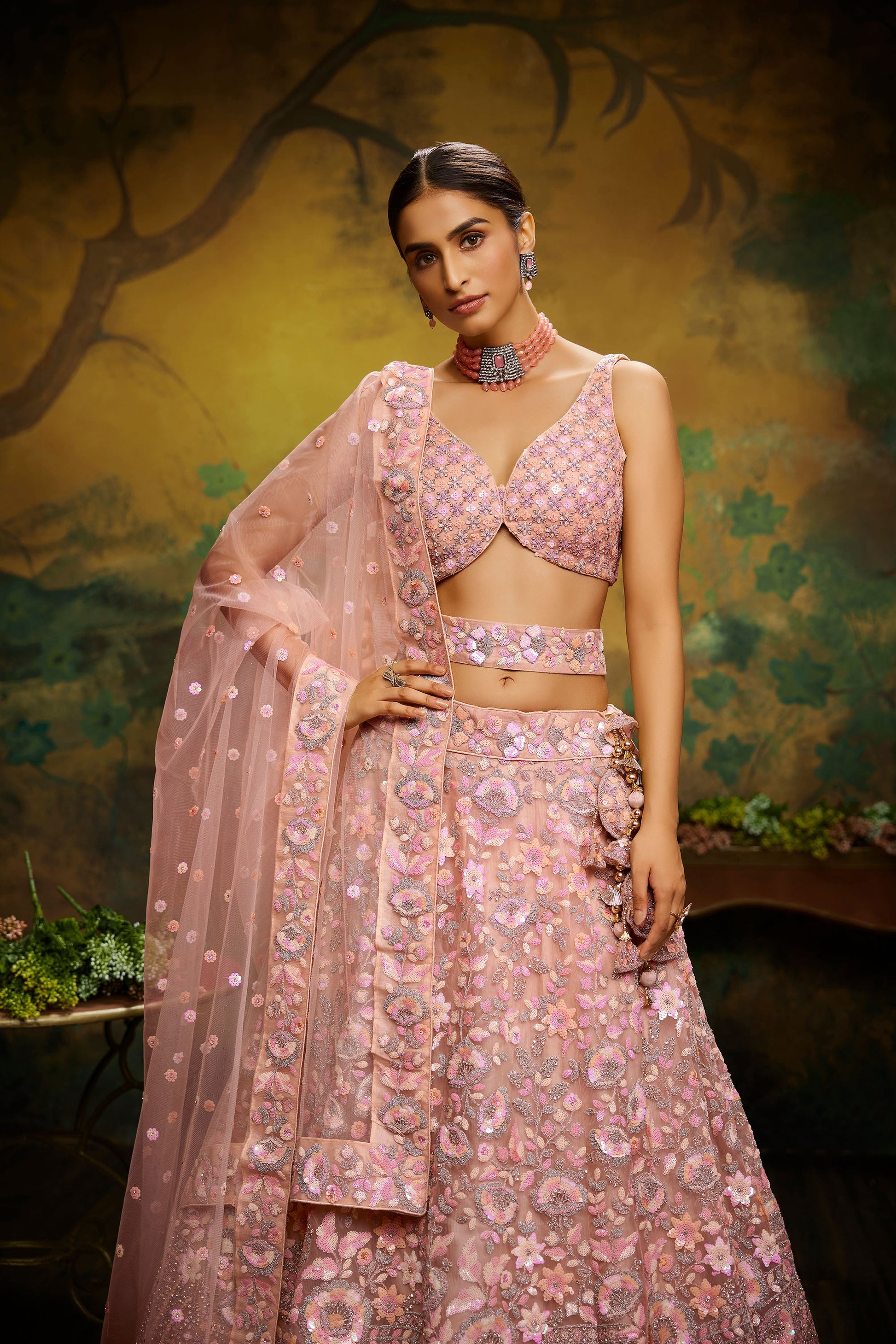 Peach Net Multi Sequins & Zarkan embroidery Semi-Stitched Lehenga choli