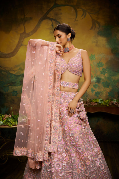 Peach Net Multi Sequins & Zarkan embroidery Semi-Stitched Lehenga choli