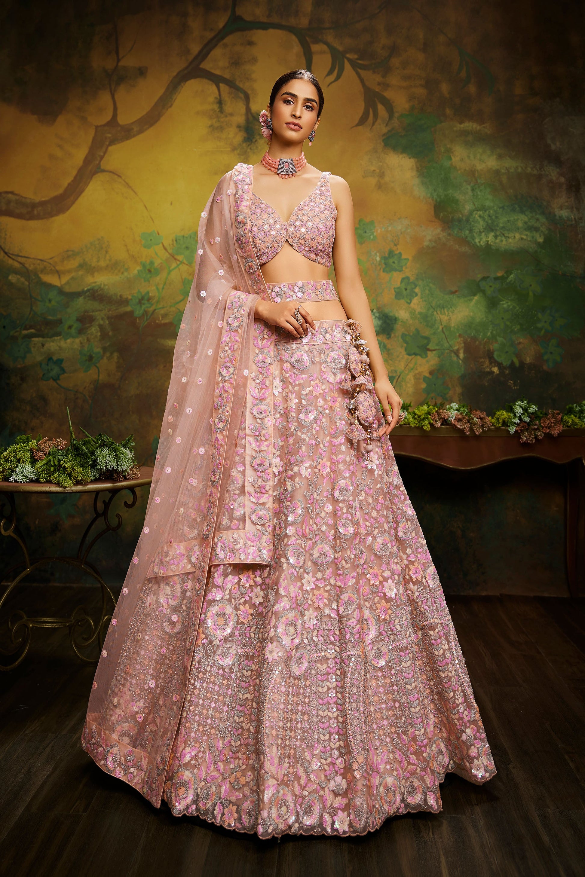 Peach Net Multi Sequins & Zarkan embroidery Semi-Stitched Lehenga choli