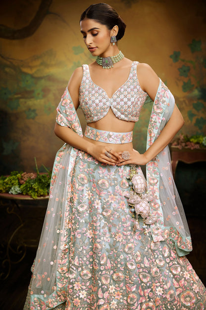 Sea green Net Multi Sequins& Zarkan embroidery Semi-Stitched Lehenga