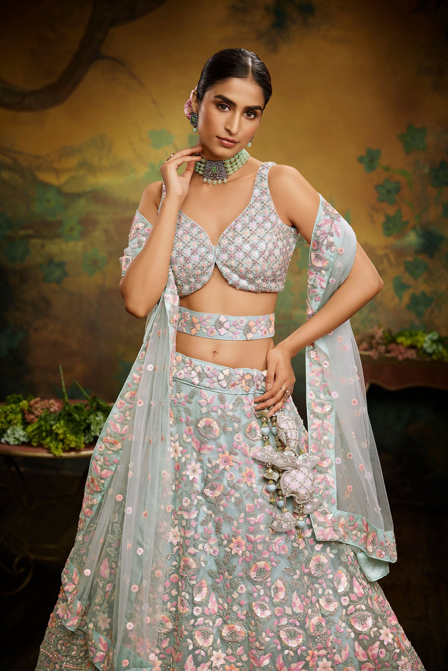 Sea green Net Multi Sequins& Zarkan embroidery Semi-Stitched Lehenga