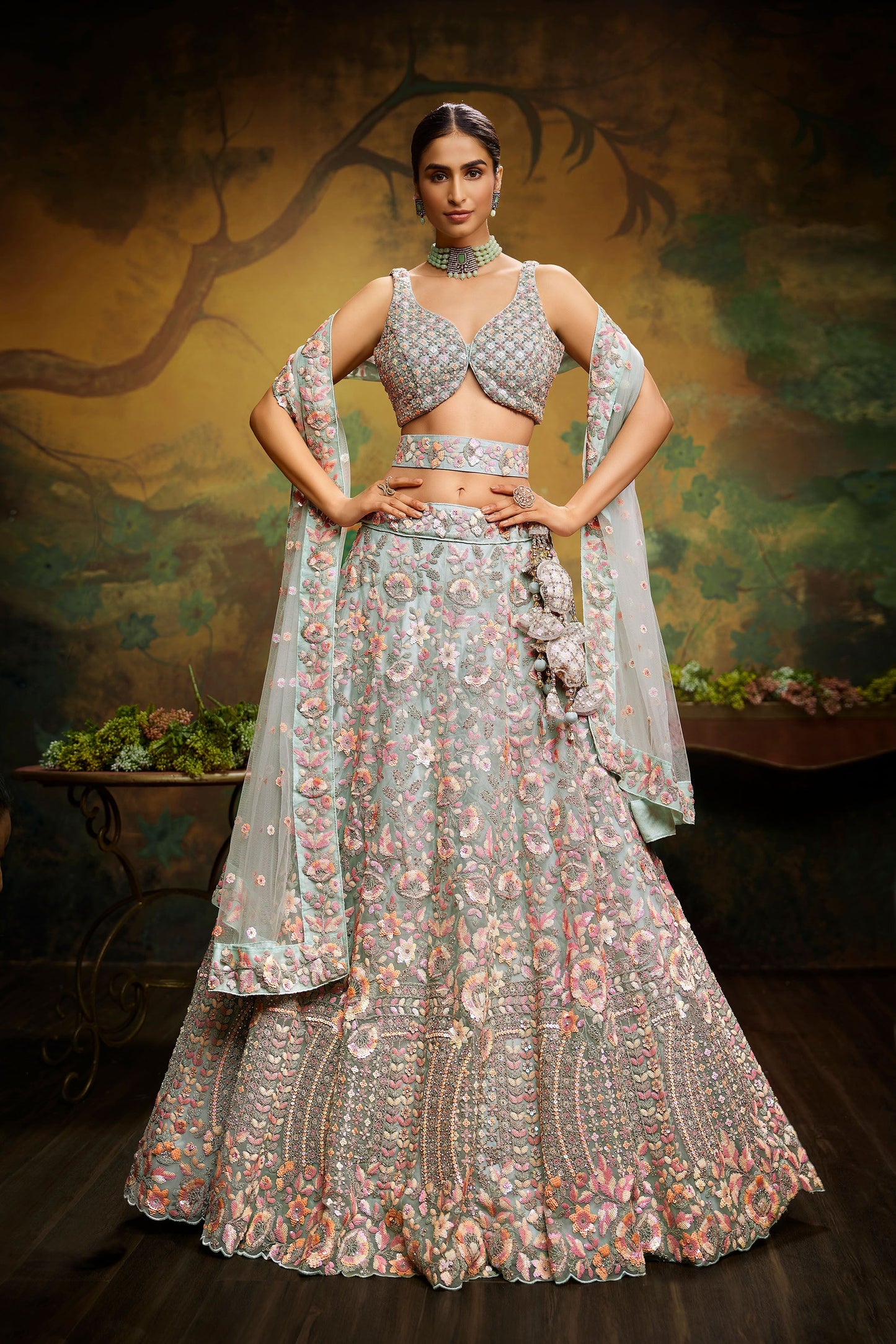 Sea green Net Multi Sequins& Zarkan embroidery Semi-Stitched Lehenga