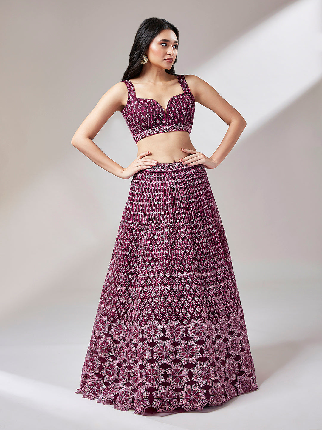 Wine Net heavy Sequins embroidery Semi-Stitched Lehenga