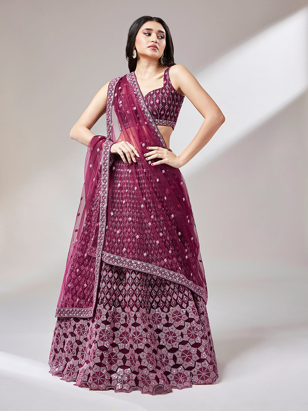 Wine Net heavy Sequins embroidery Semi-Stitched Lehenga