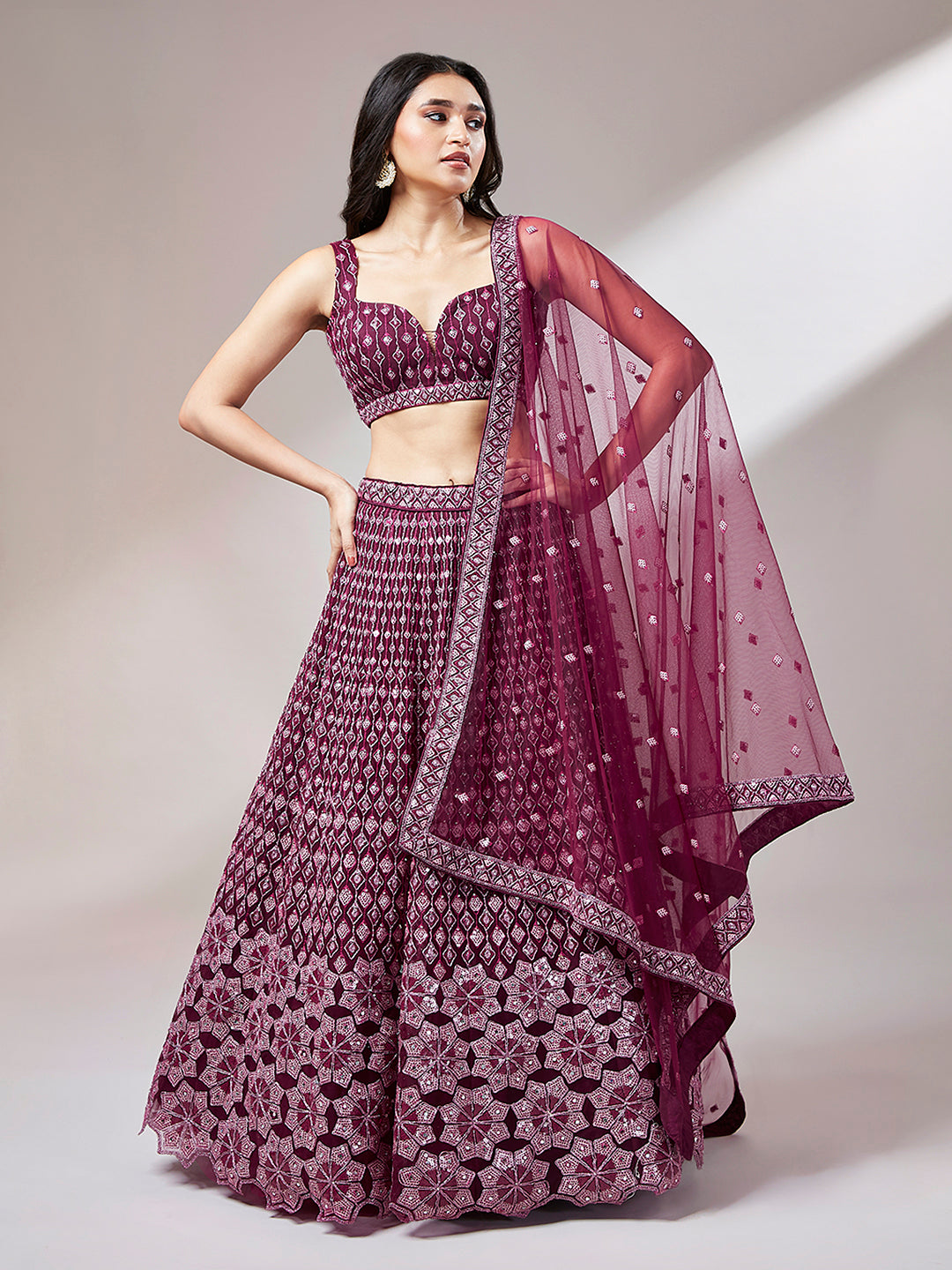 Wine Net heavy Sequins embroidery Semi-Stitched Lehenga