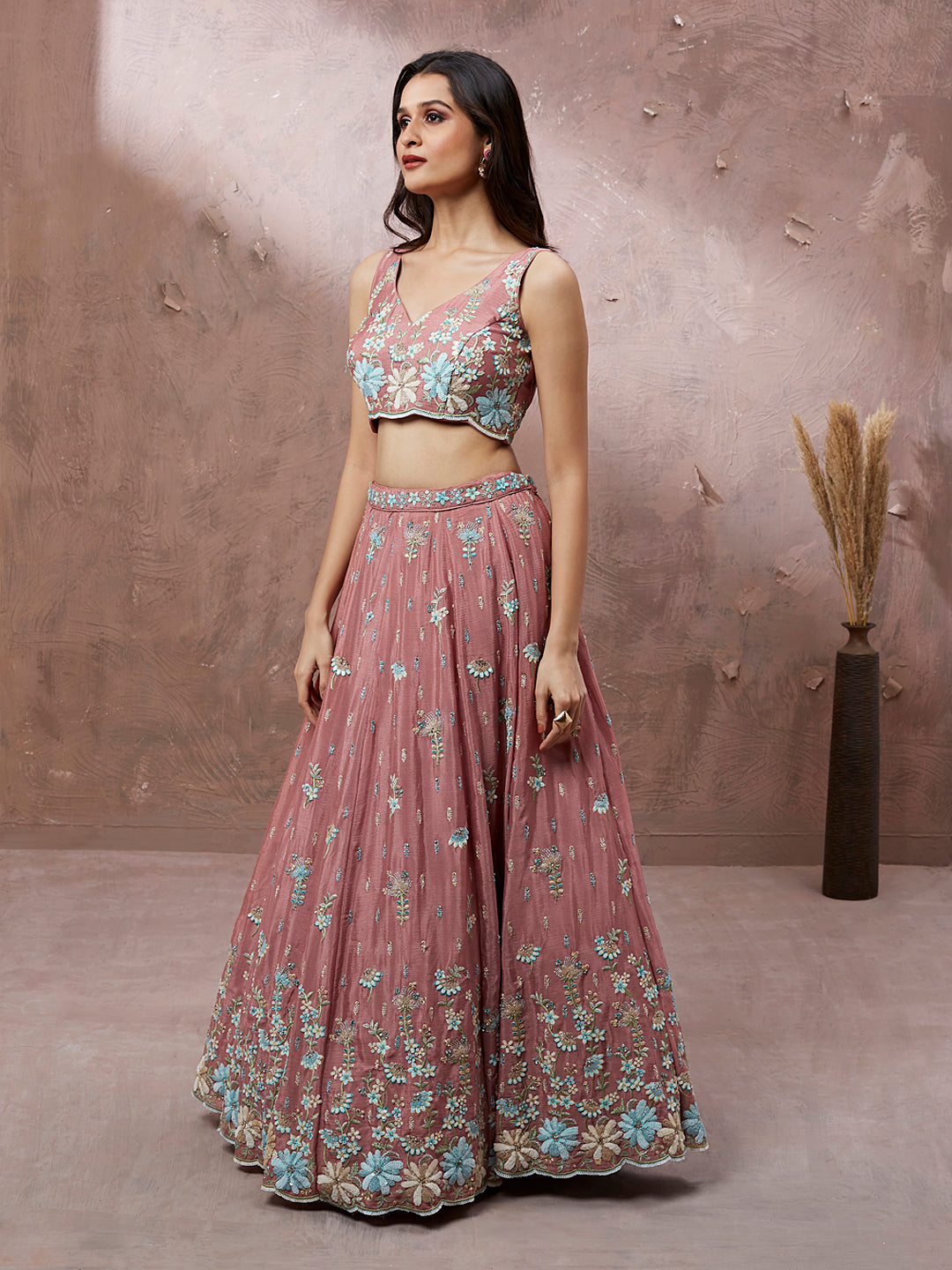 Light Pink Pure Georgette Sequin & Zarkan embroidery Semi-Stitched Lehenga