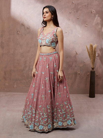 Light Pink Pure Georgette Sequin & Zarkan embroidery Semi-Stitched Lehenga