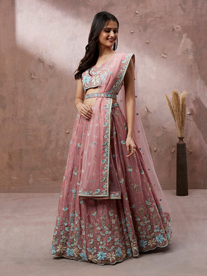 Light Pink Pure Georgette Sequin & Zarkan embroidery Semi-Stitched Lehenga